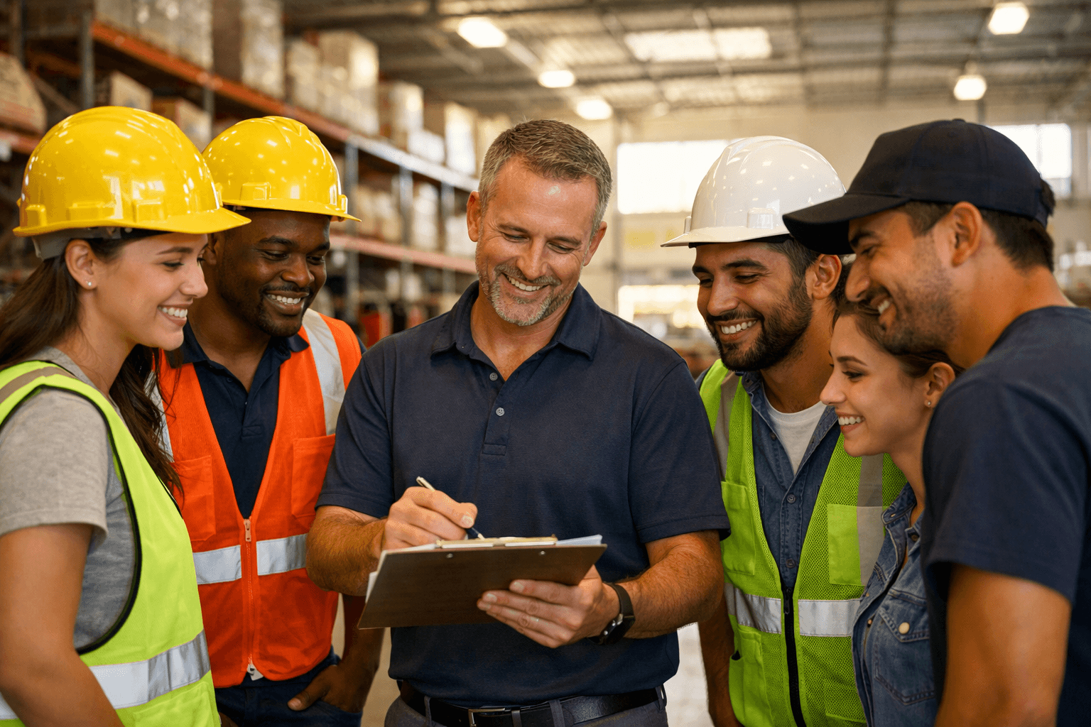 Diverse warehouse team collaborating on the floor—representing dependable workers Job Sarasota connects with local employers